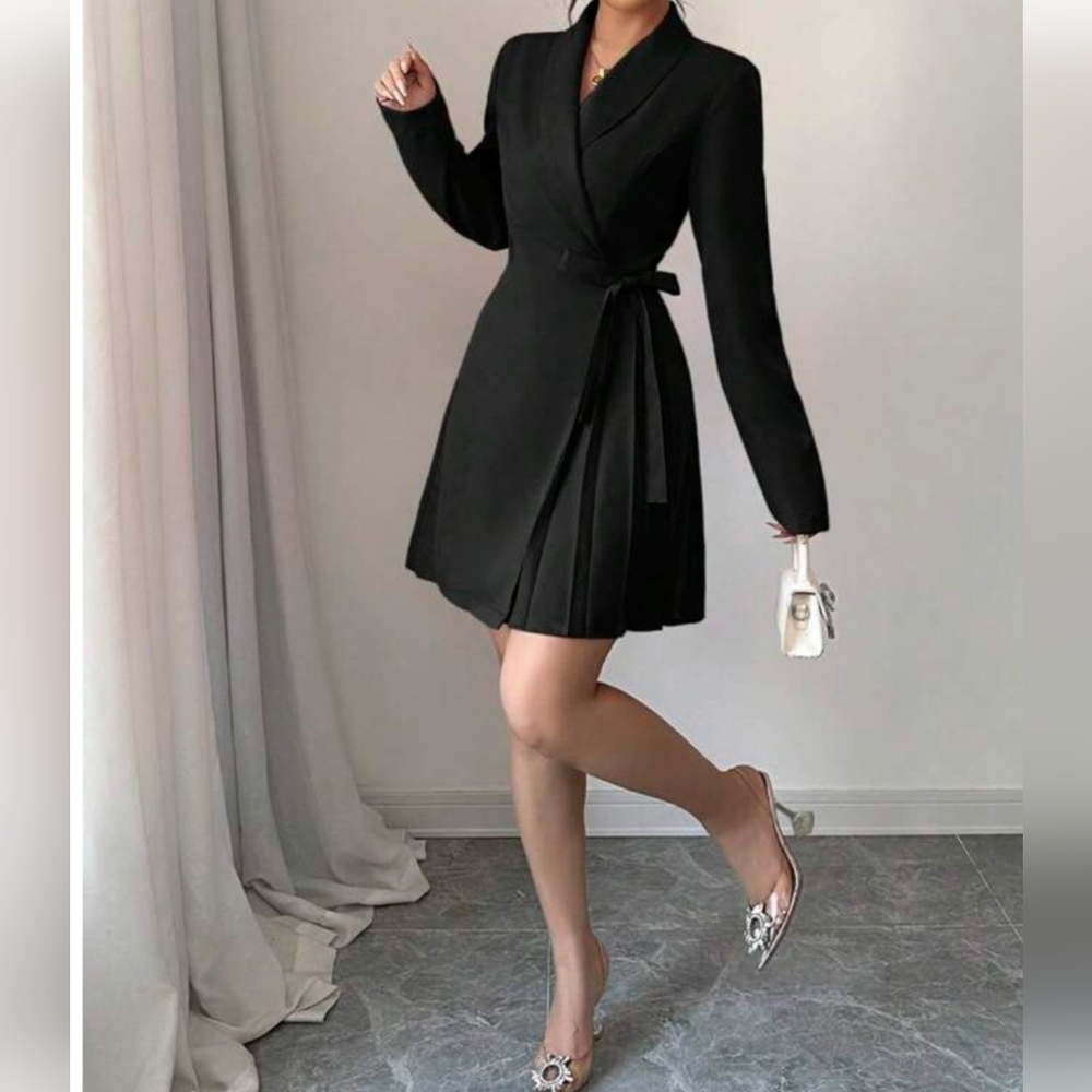 SHEIN Long Sleeve Chic Wrap Blazer Dress Size L Black Career Office 2267-AE
